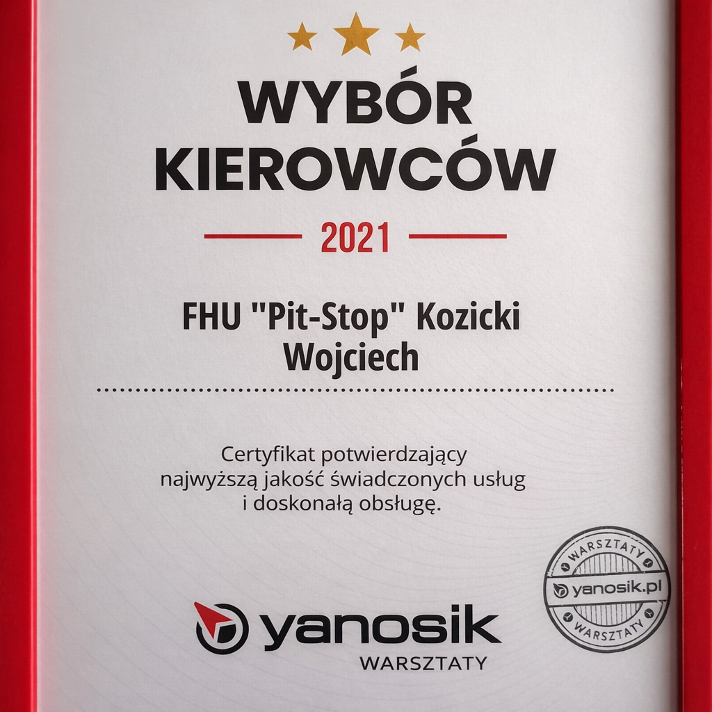 Certyfikat jakości - Serwis i SKP FHU Pit-Stop